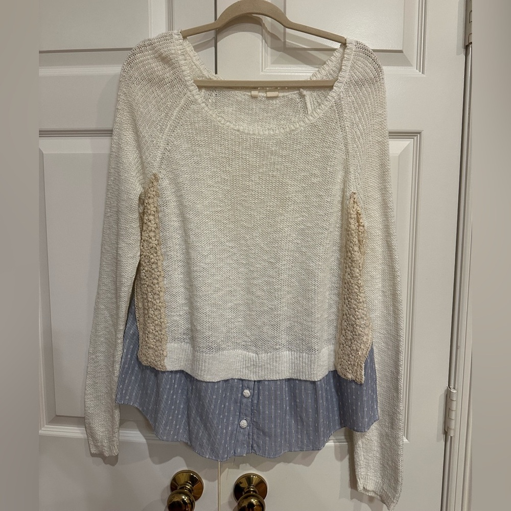 Anthropologie Cream Crew Neck Sweater with Textured Knit and Layered Design